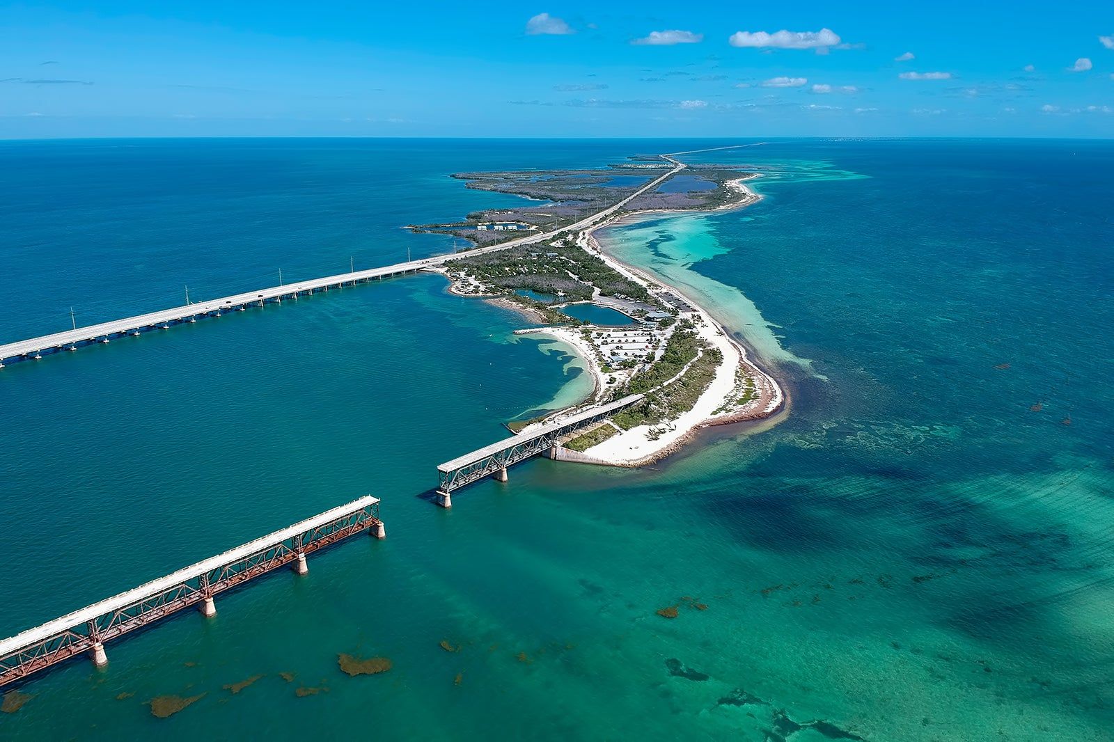 Aerial view of Florida Keys archipelago, turquoise water and island chain
